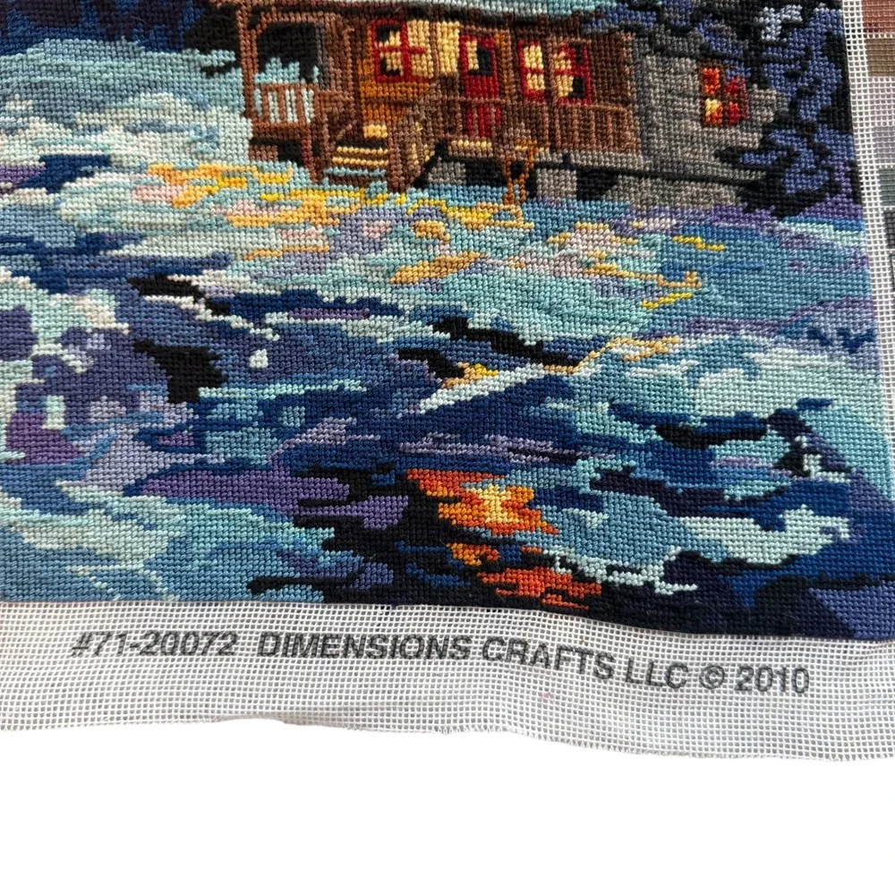 Needlepoint Northern Lights Winter Cabin Finished Handmade Art 11 x 14